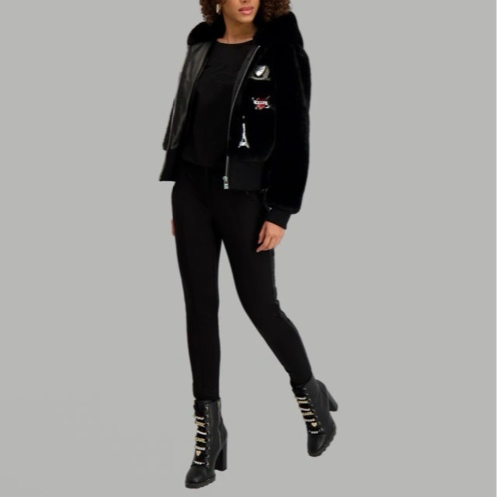 Karl Lagerfeld Faux Fur Logo Patch Bomber Jacket - Picture 17 of 17
